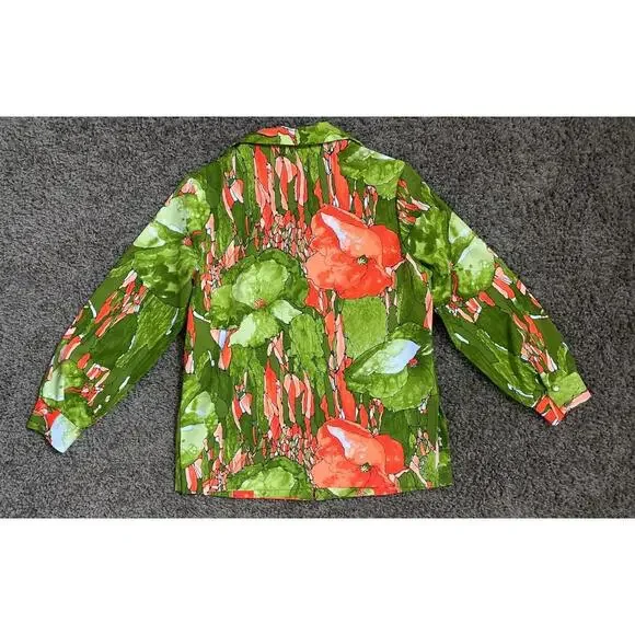 1960's MOD Watercolor Floral Avocado Green + Orange Shirt Dagger Collar Large - Picture 7 of 9